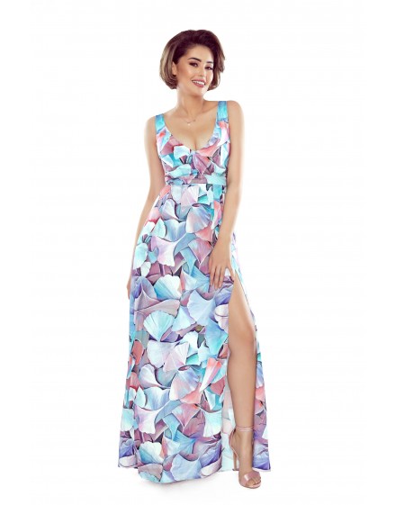 Patterned maxi dress with v-neck and bare shoulders