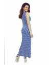 108-05 Marina Sukienka z asymetrycznym drapowaniem (niebieska w białe grochy)