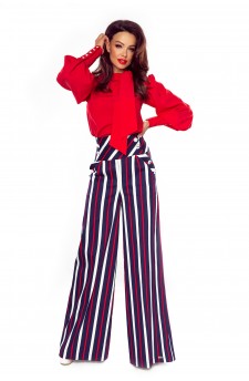 91-16 Eleganckie spodnie z wysokim stanem(granatowe w biało czerwone pasy)